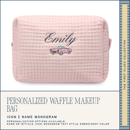 Pink waffle texture makeup bag with 'Emily' and a car icon, on a white background.