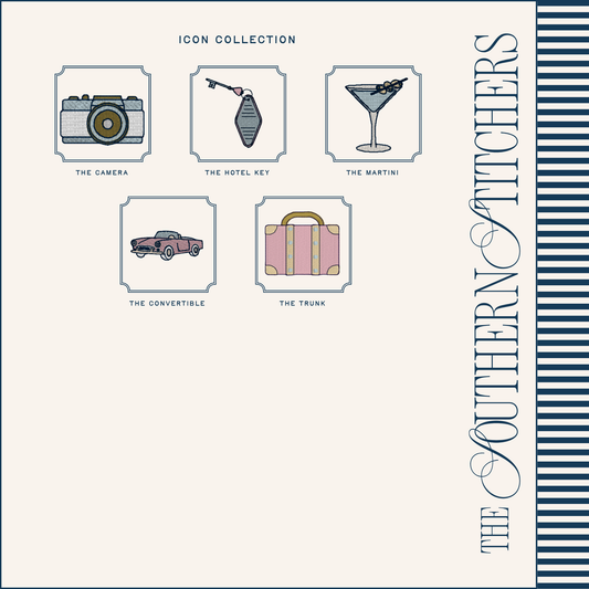 Collection of icons including a camera, hotel key, martini glass, convertible car, and trunk on a white background with 'The Southern Stitchers' branding.