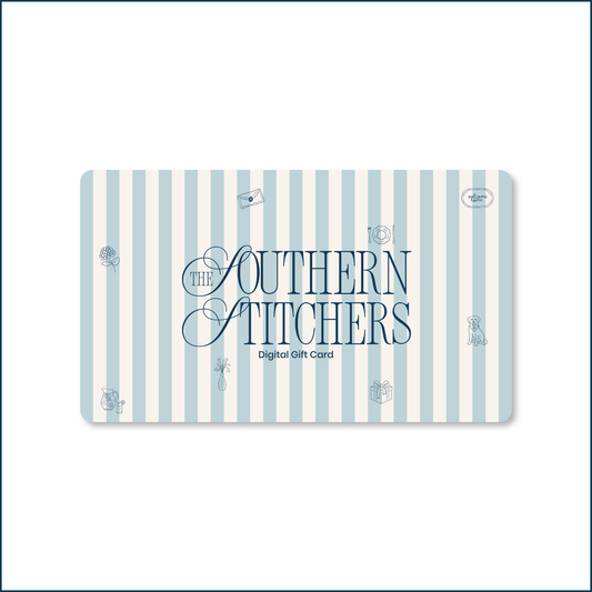 The Southern Stitchers Digital Gift Card on a powder blue and cream cabana stripe background. "The Southern Stitchers Digital Gift Card" is written in navy script, surrounded by small illustrated icons including a hydrangea, vase, gift box, dog, lemonade pitcher, envelope, and place setting.