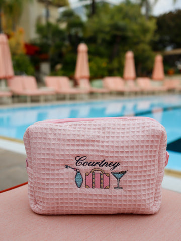 First Class collection personalized makeup bag with custom name and travel icon embroidery