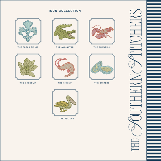 Collection of embroidered icons with text labels on a white background, featuring symbols like the fleur de lis, alligator, crawfish, magnolia, shrimp, oysters, and pelican. Brand 'The Southern Stitchers' is visible.