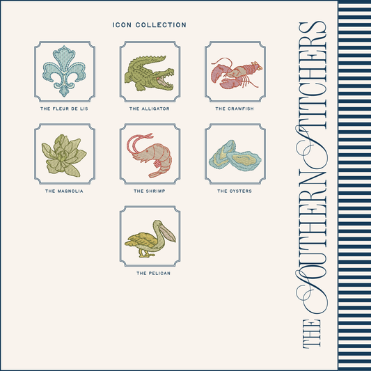 Collection of embroidered icons with text labels on a white background, featuring symbols like the fleur de lis, alligator, crawfish, magnolia, shrimp, oysters, and pelican. Brand 'The Southern Stitchers' is visible.