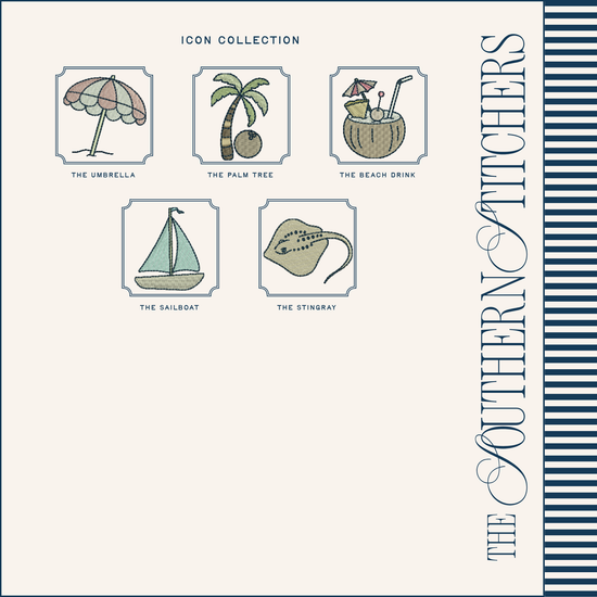 Collection of beach-themed icons including an umbrella, palm tree, beach drink, sailboat, and stingray.