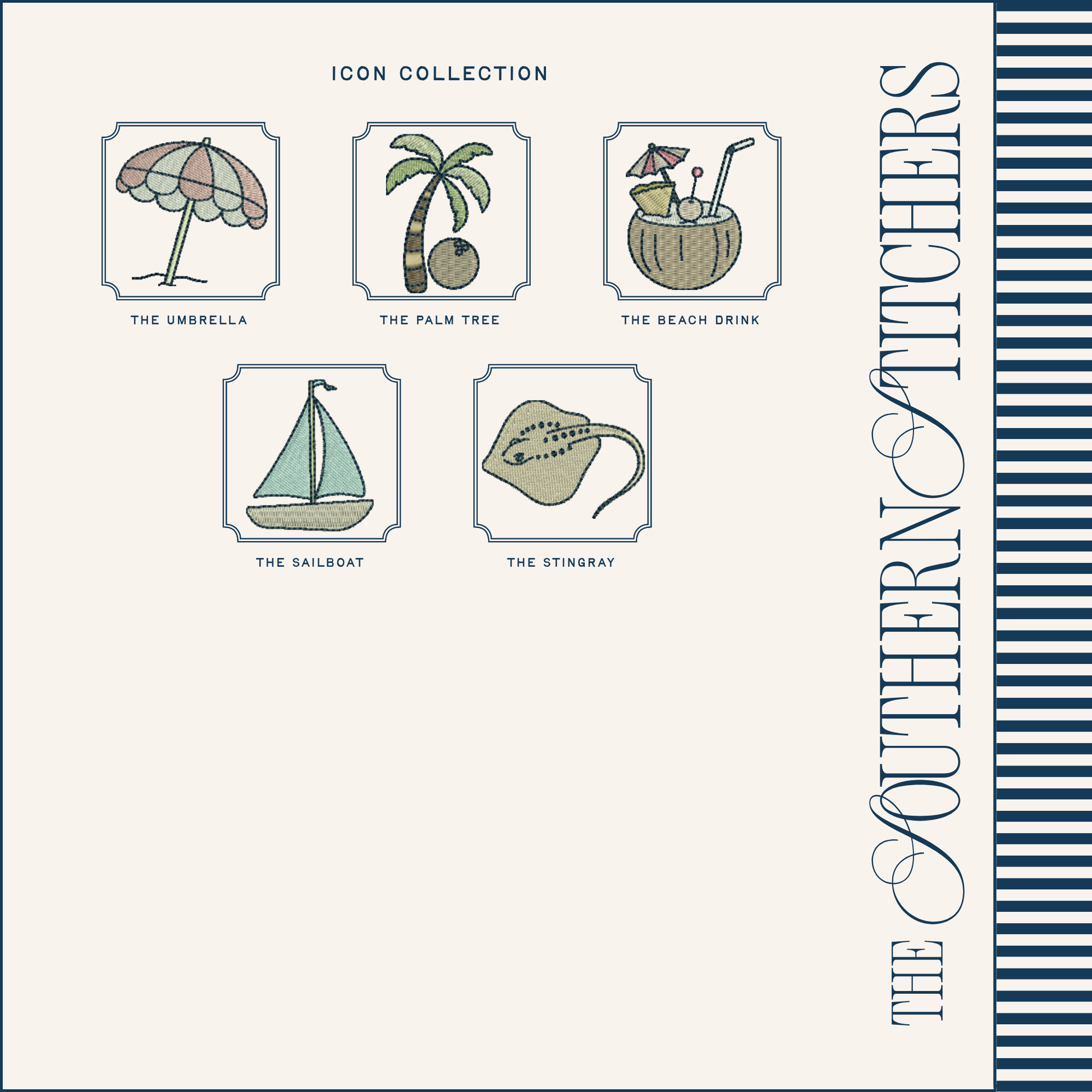 Collection of beach-themed icons including an umbrella, palm tree, beach drink, sailboat, and stingray.