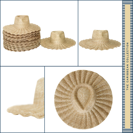 Different angles of the wavy wide brim on The Nalu golden wheat straw sun hat
