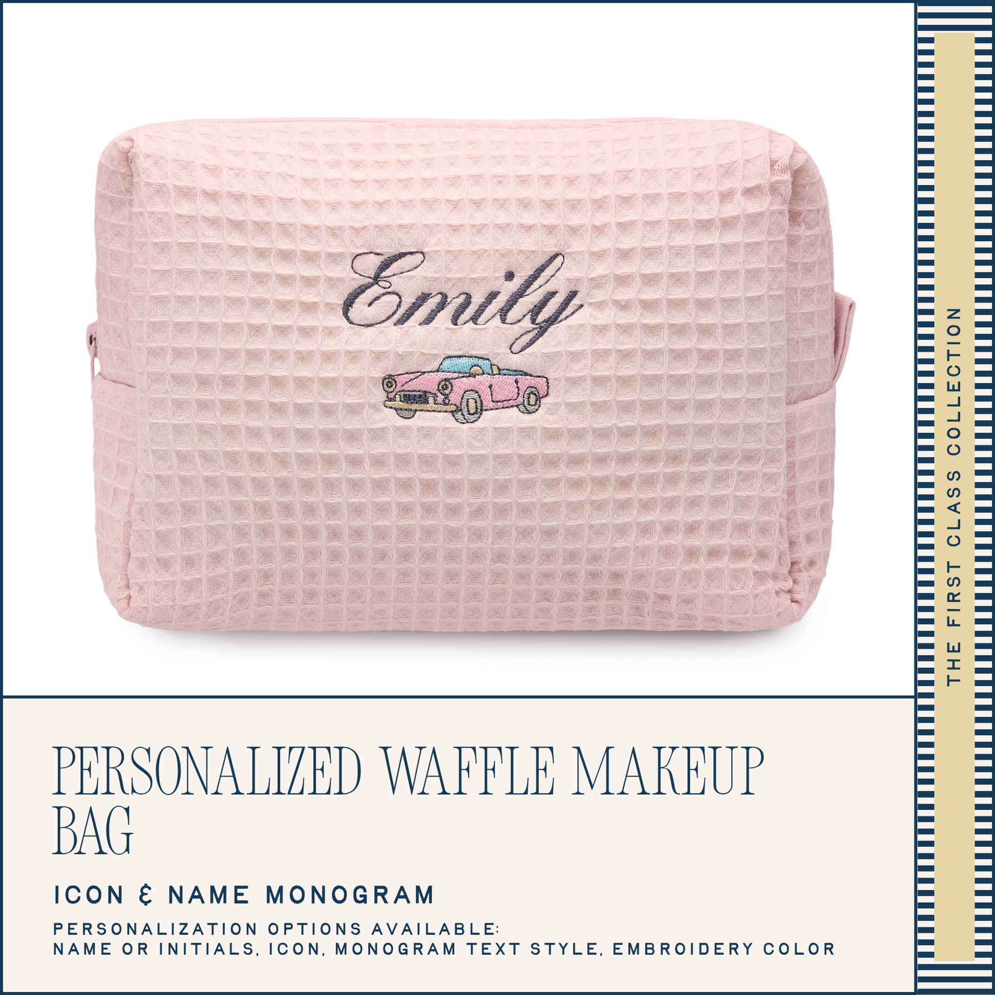 Pink waffle texture makeup bag with 'Emily' and a car icon, on a white background.