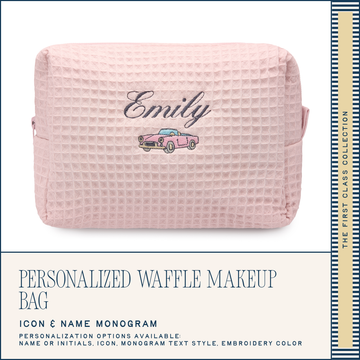Pink waffle texture makeup bag with 'Emily' and a car icon, on a white background.