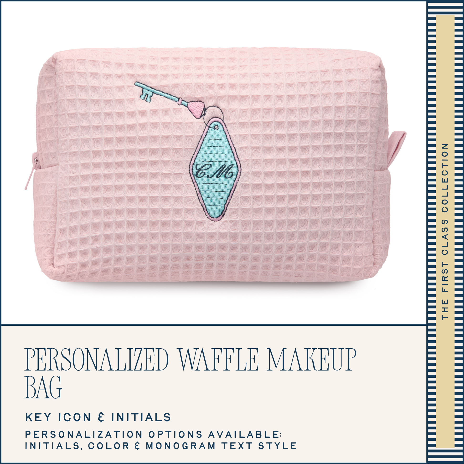Pink waffle-textured makeup bag with a decorative key and initials on a white background