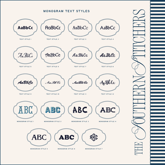 Monogram text style chart with various designs and 'The Southern Stitchers' branding.