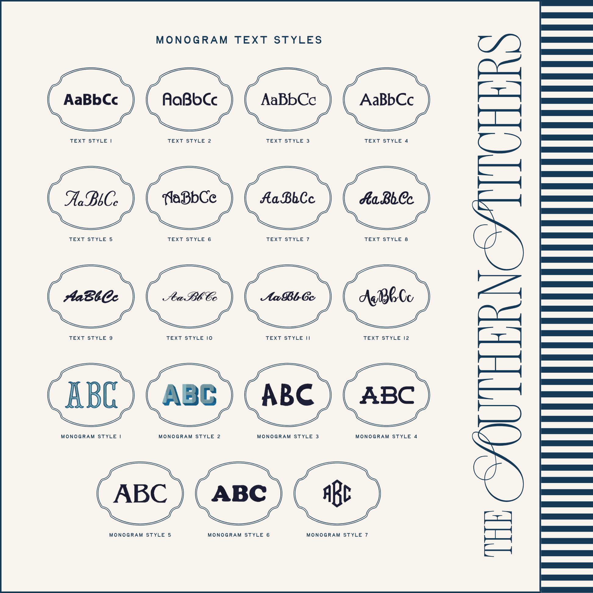 Monogram text style chart with various designs and 'The Southern Stitchers' branding.