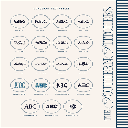 Monogram text style chart with various designs and 'The Southern Stitchers' branding.